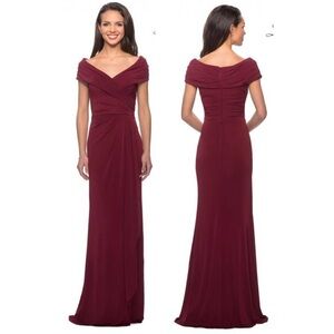 La Femme Dress 26519 Ruched Jersey Column Gown Wine Maroon Burgundy 16‎